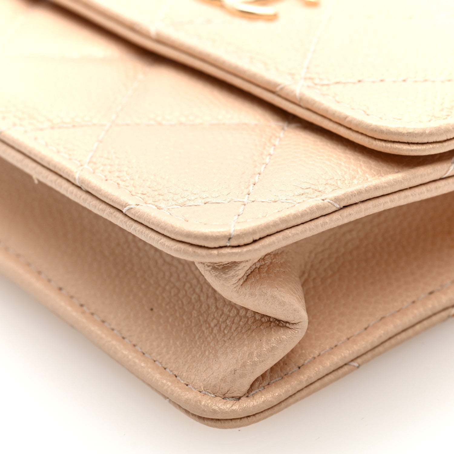 Iridescent Caviar Quilted Pearl  Holder On Chain Beige