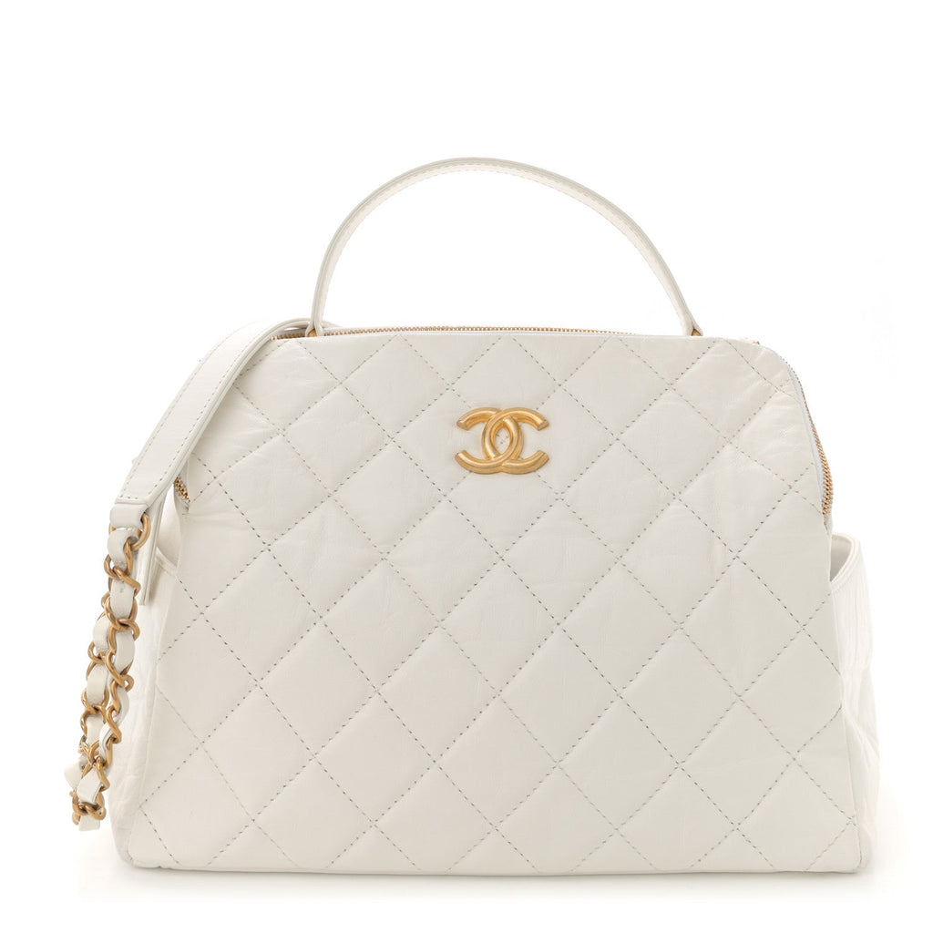 Aged Calfskin Quilted Double Sided Bowling Bag White