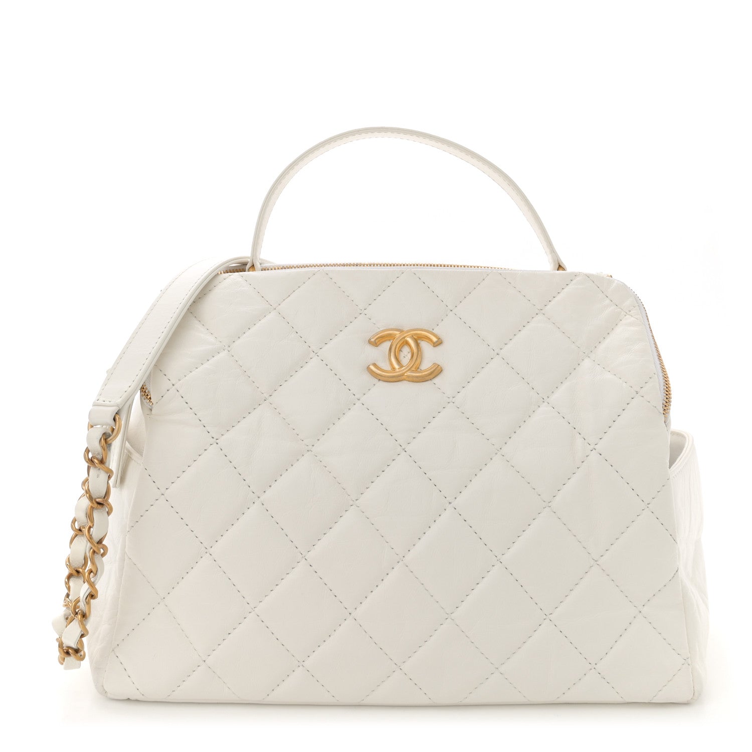 Aged Calfskin Quilted Double Sided Bowling Bag White