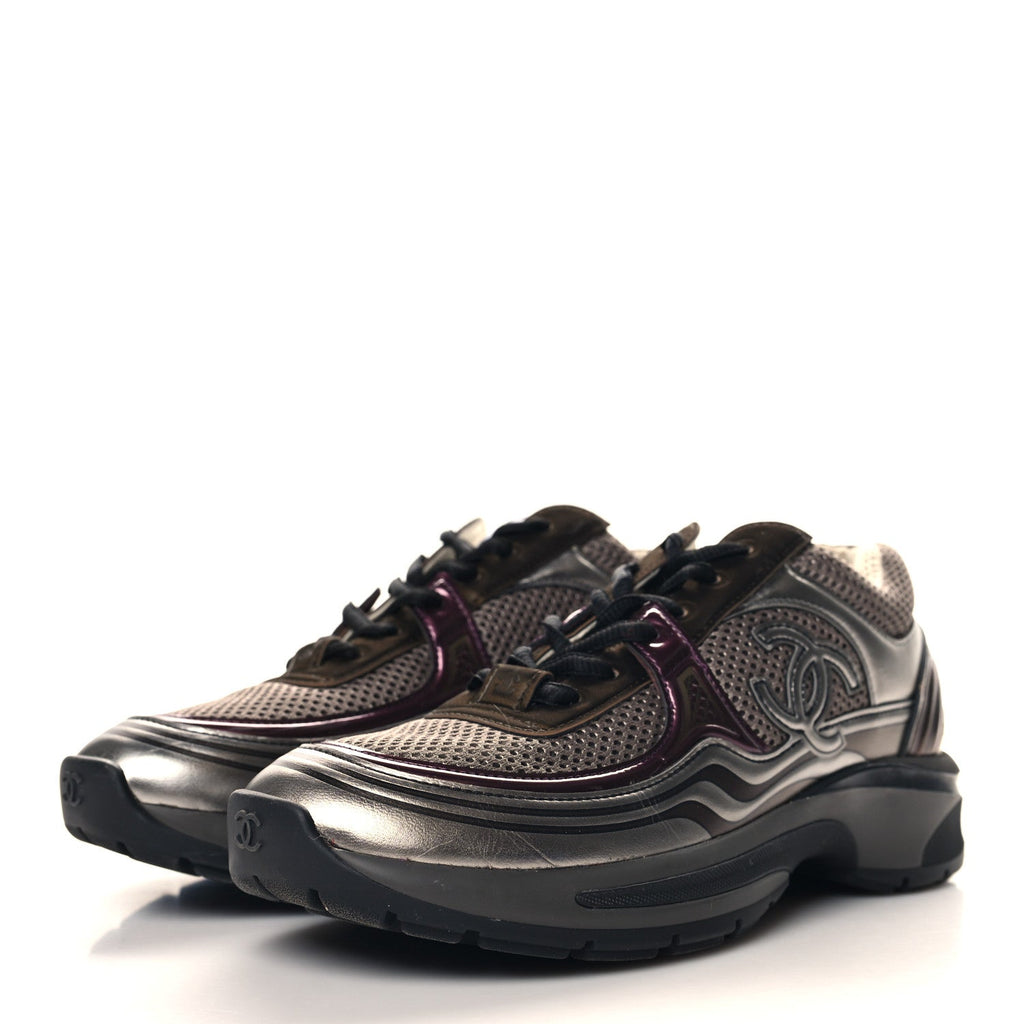Fabric Laminated Calfskin Stretch CC Womens Sneakers 37 Khaki Silver Dark Purple