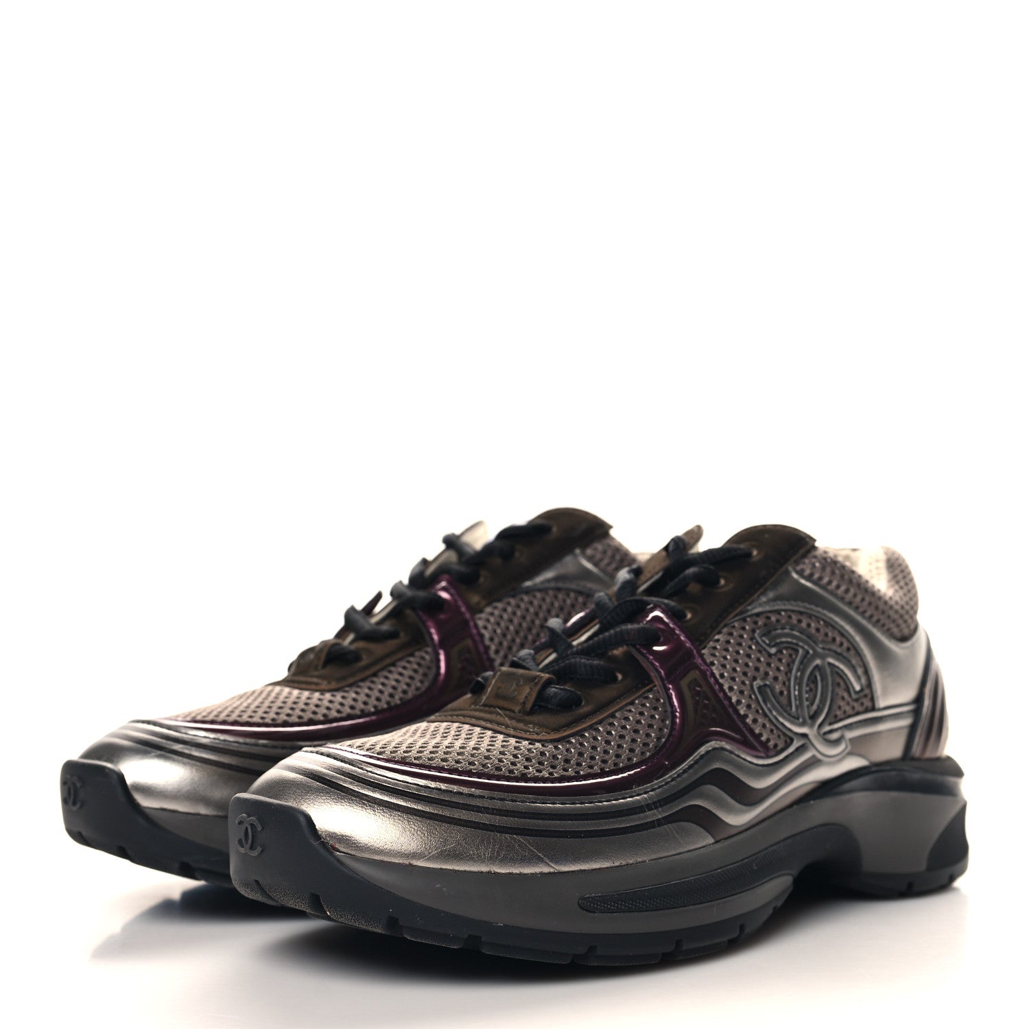 Fabric Laminated Calfskin Stretch CC Womens Sneakers 37 Khaki Silver Dark Purple