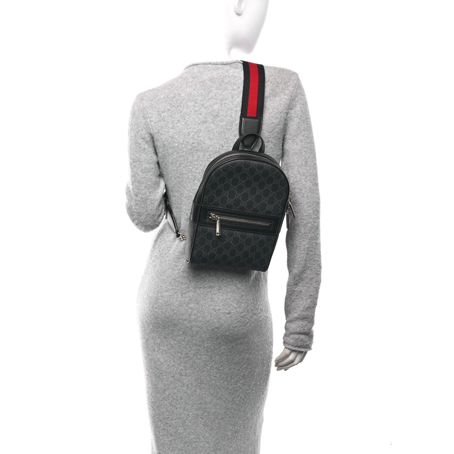GG Supreme Monogram Calfskin Web Sling Backpack Black Grey