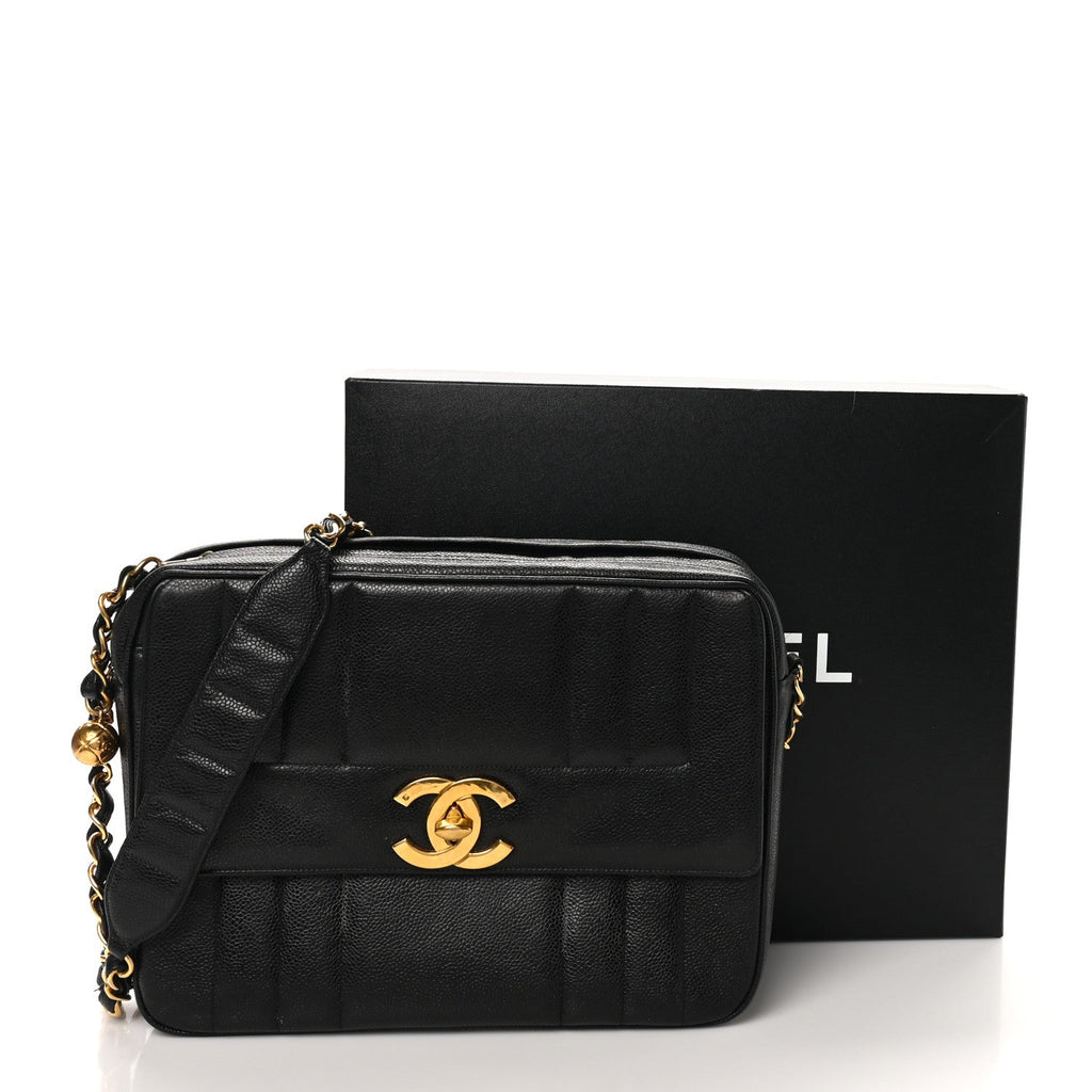 Caviar Vertical Quilted Flap Camera Bag Black