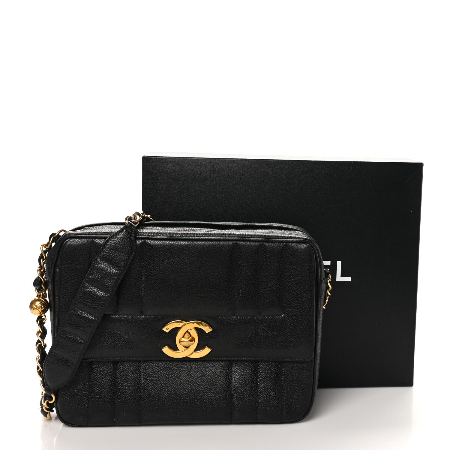 Caviar Vertical Quilted Flap Camera Bag Black
