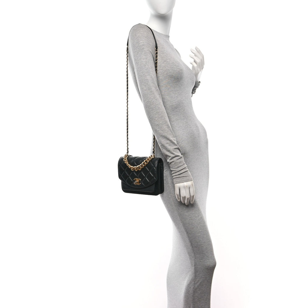 Calfskin Caviar Quilted Mini Chain Handle Flap Black