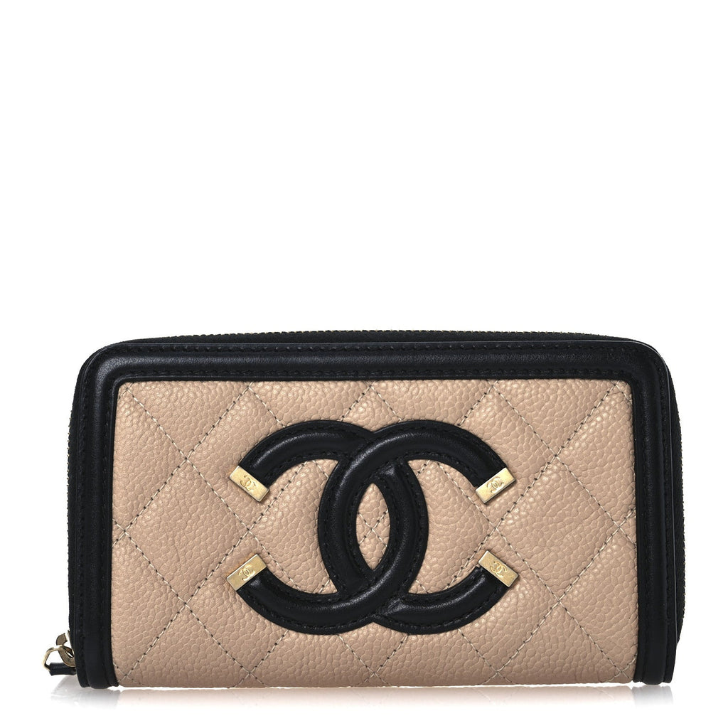 Caviar Quilted Small Filigree Zip Around Wallet Beige Black