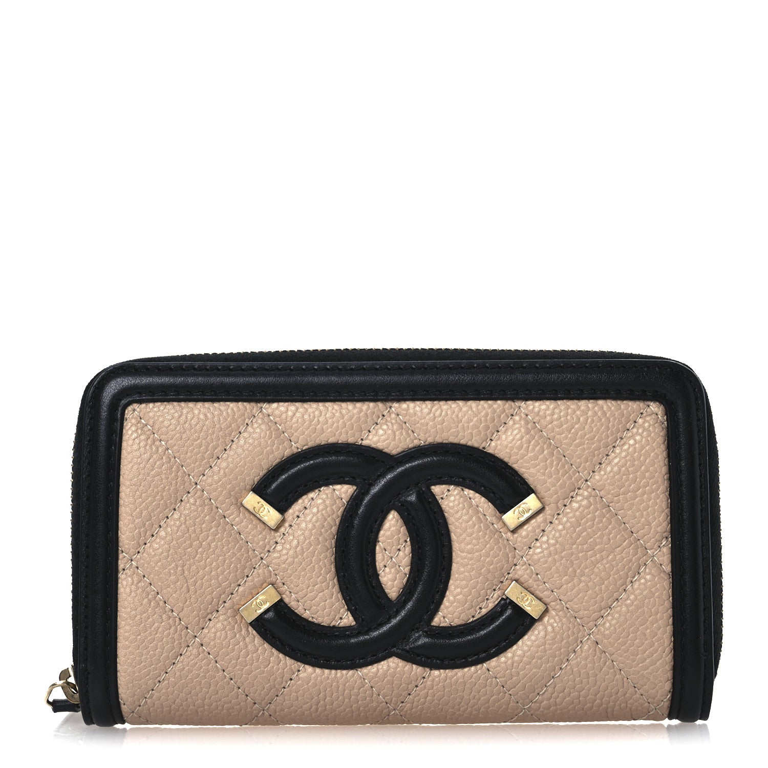 Caviar Quilted Small Filigree Zip Around Wallet Beige Black