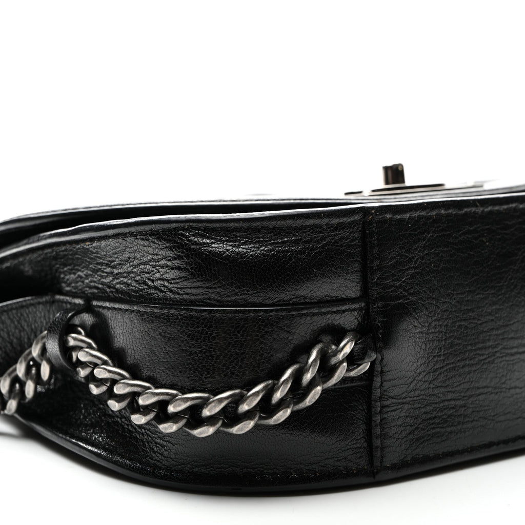 Shiny Goatskin Quilted Small Double Chained Messenger Flap Black