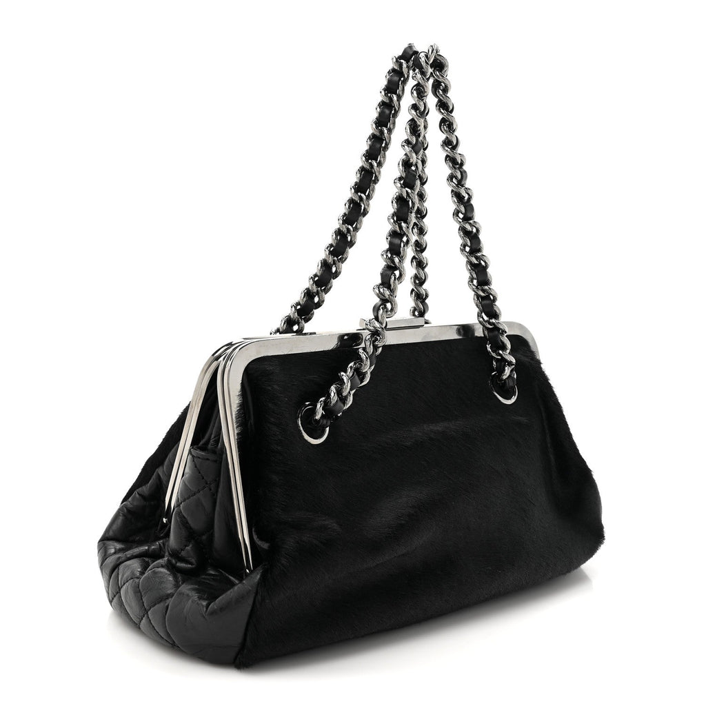 Pony Hair Lambskin Quilted Kiss Lock Frame Bag Black