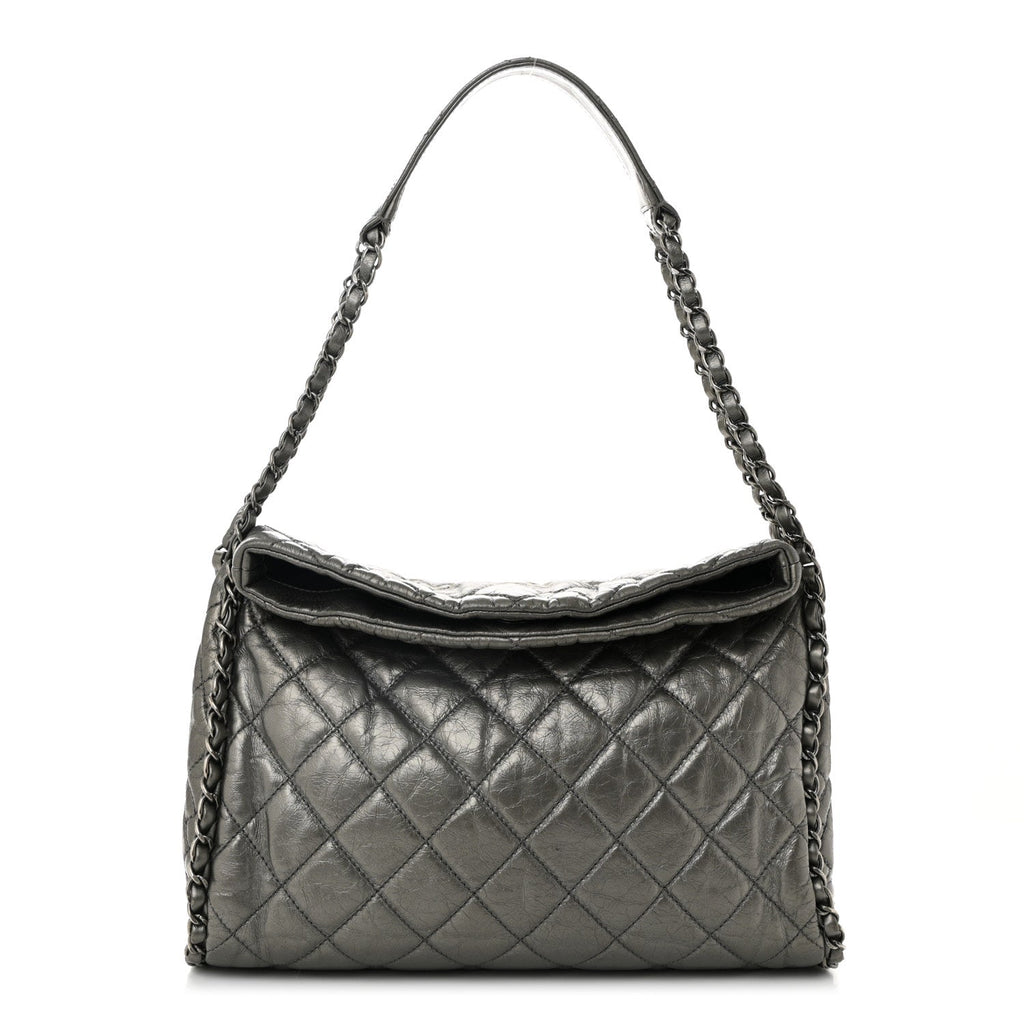 Metallic Calfskin Quilted Medium Chain Me Hobo Dark Silver