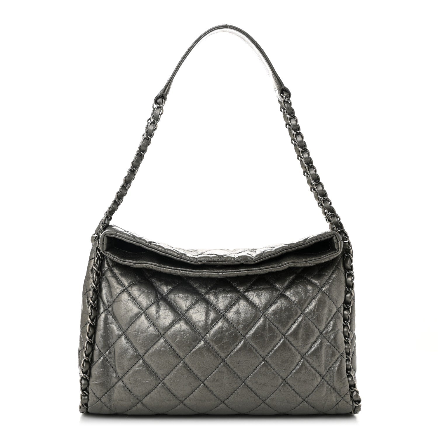Metallic Calfskin Quilted Medium Chain Me Hobo Dark Silver