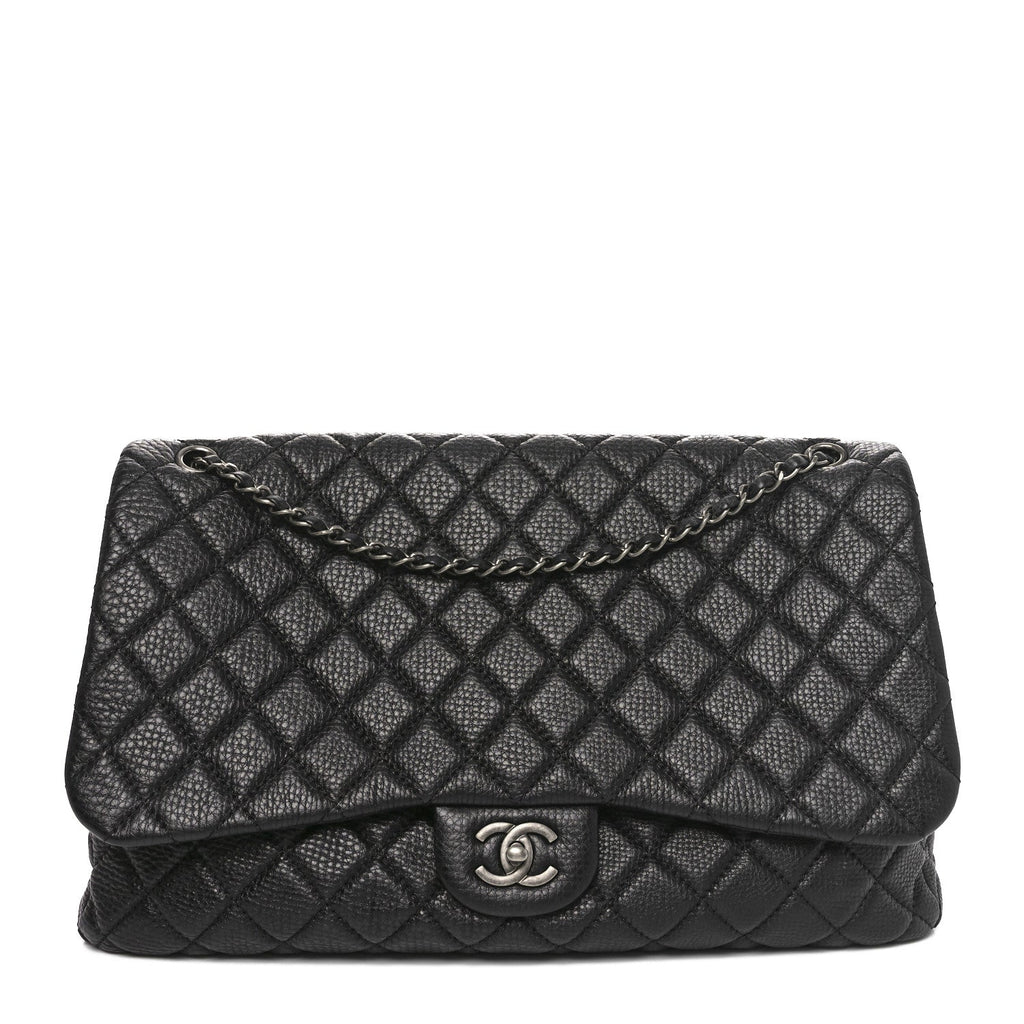 Grained Calfskin Quilted Small XXL Travel Flap Bag Black