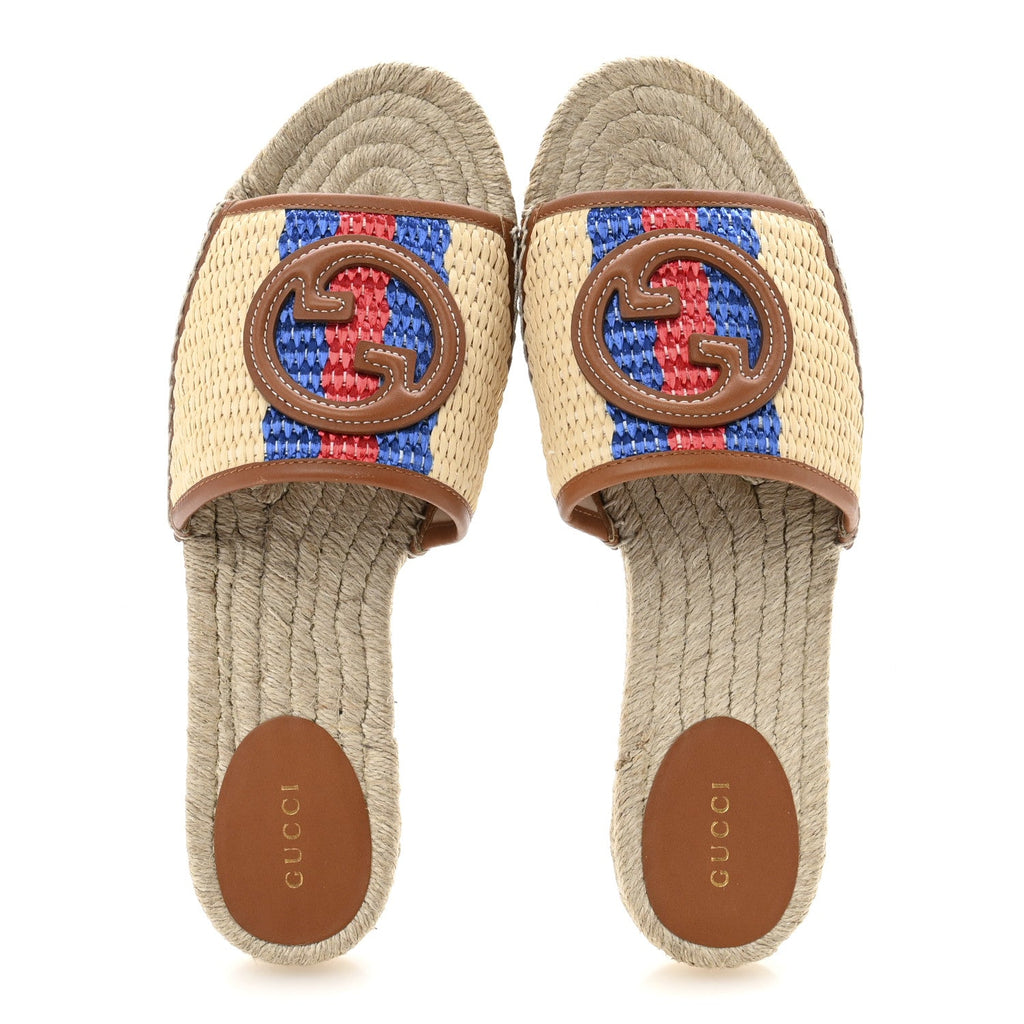 Raffia Interlocking G Flat Slide Espadrille Sandals 40  Natural Harness Brown