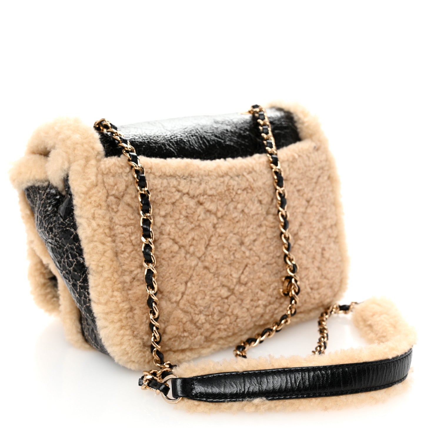 Shiny Crumpled Sheepskin Shearling CC Mania Flap Bag Black Beige