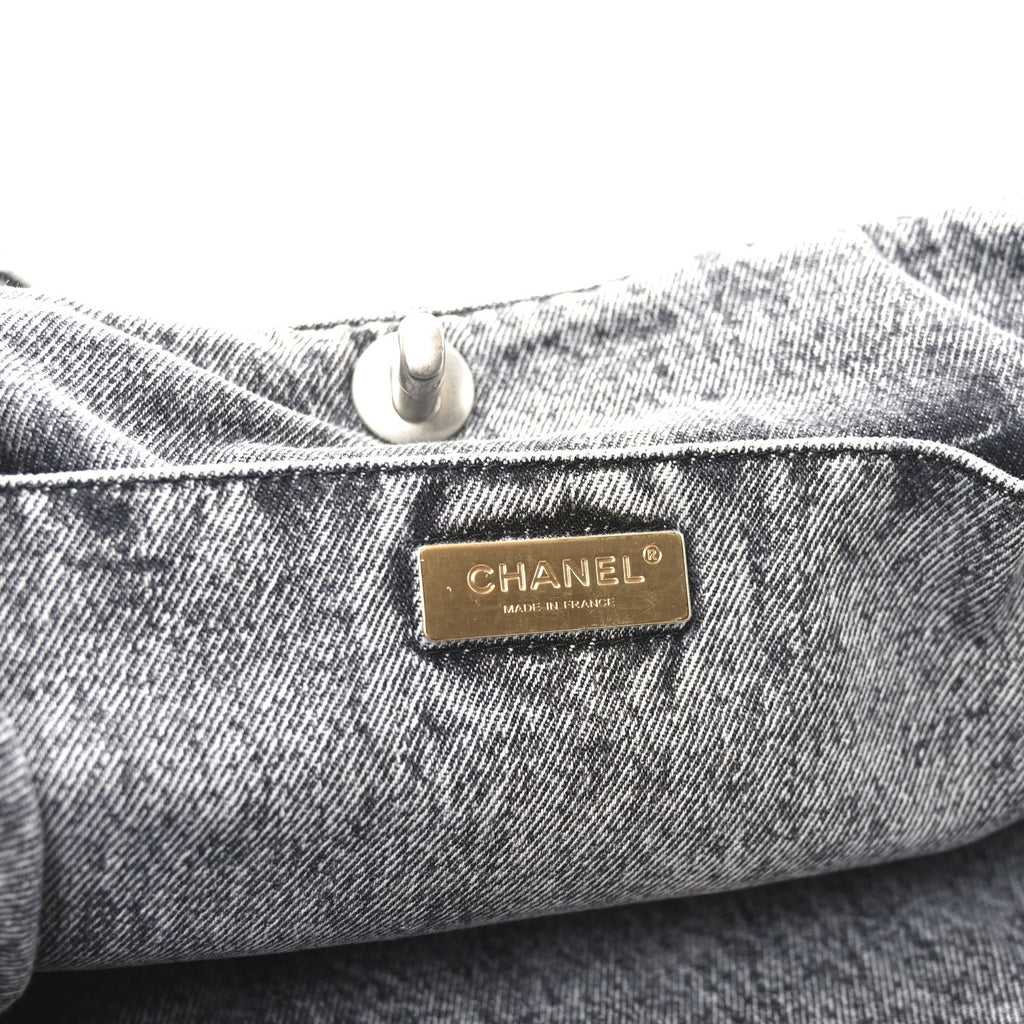 Washed Denim Quilted Chanel 19 East West Shopping Bag Black White