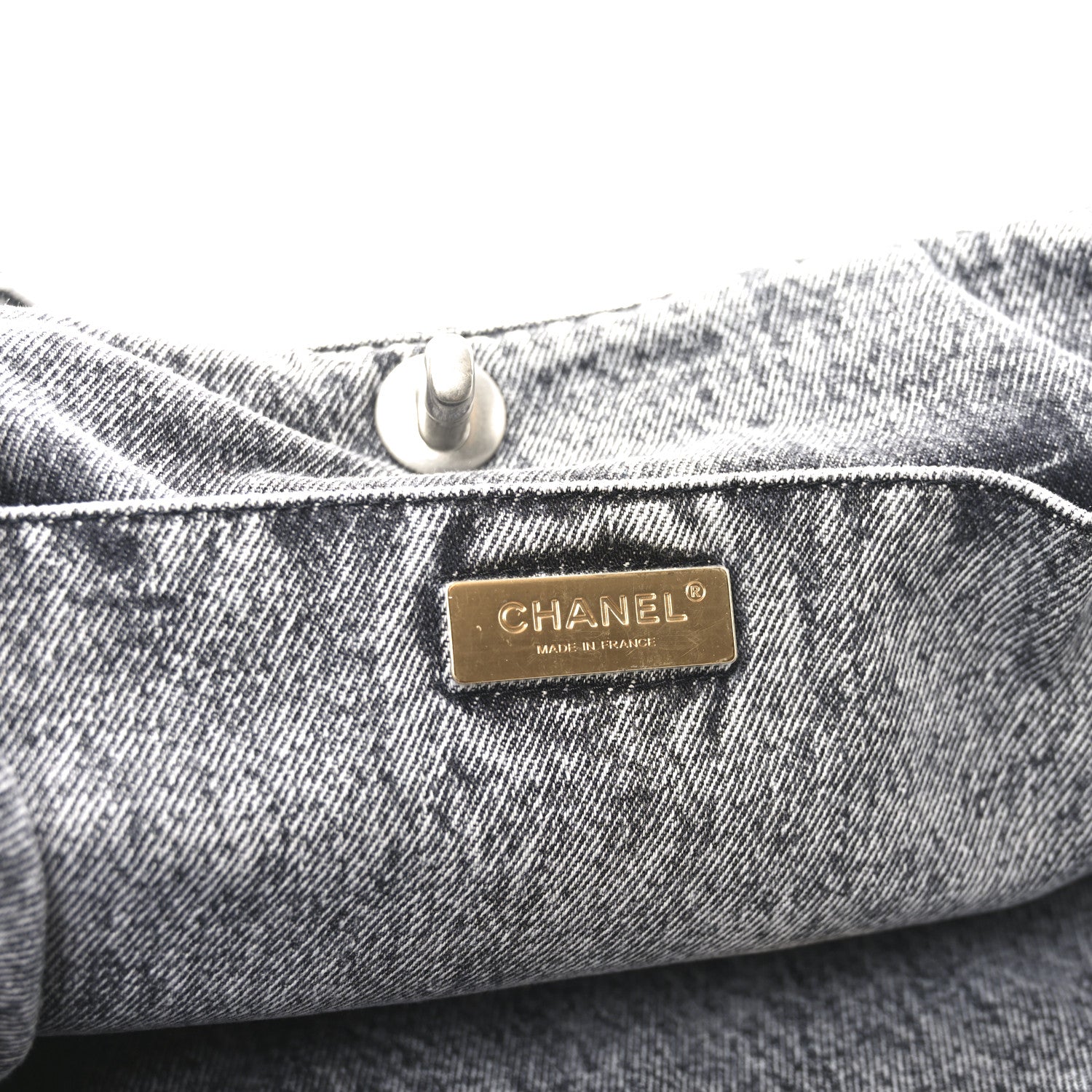 Washed Denim Quilted Chanel 19 East West Shopping Bag Black White
