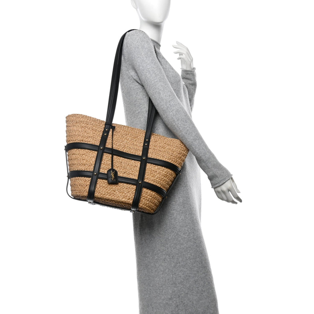 Raffia Calfskin Caged Tote Naturale Black