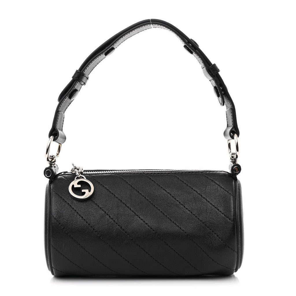 Sakai Be Green Calfskin Diagonal Stitched Mini Blondie Barrel Shoulder Bag Black