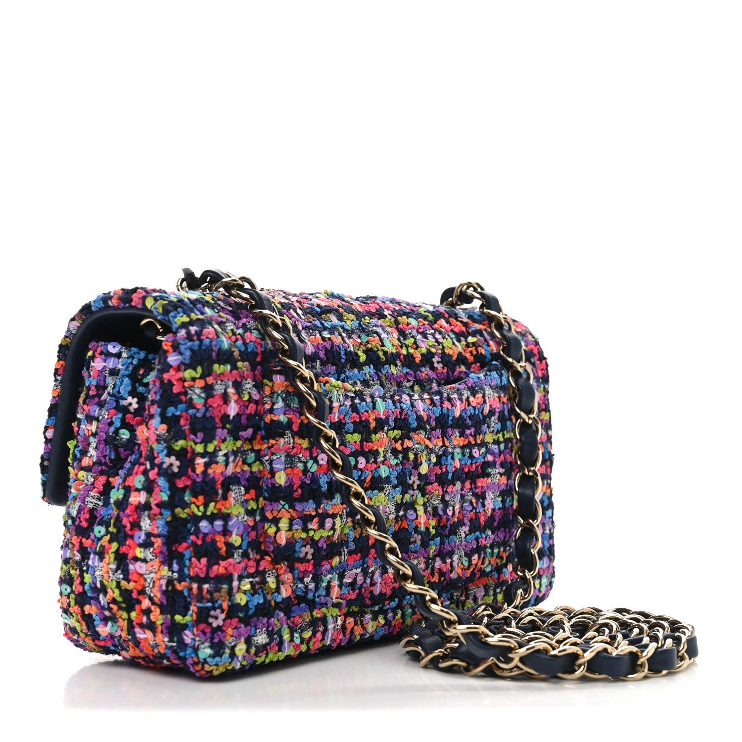 Tweed Quilted Mini Rectangular Flap Navy Blue Multicolor