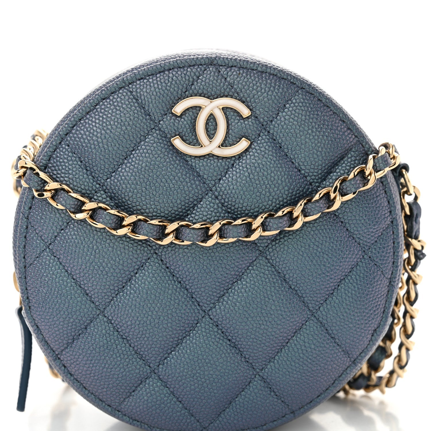 Iridescent Caviar Quilted Round Clutch With Chain Blue