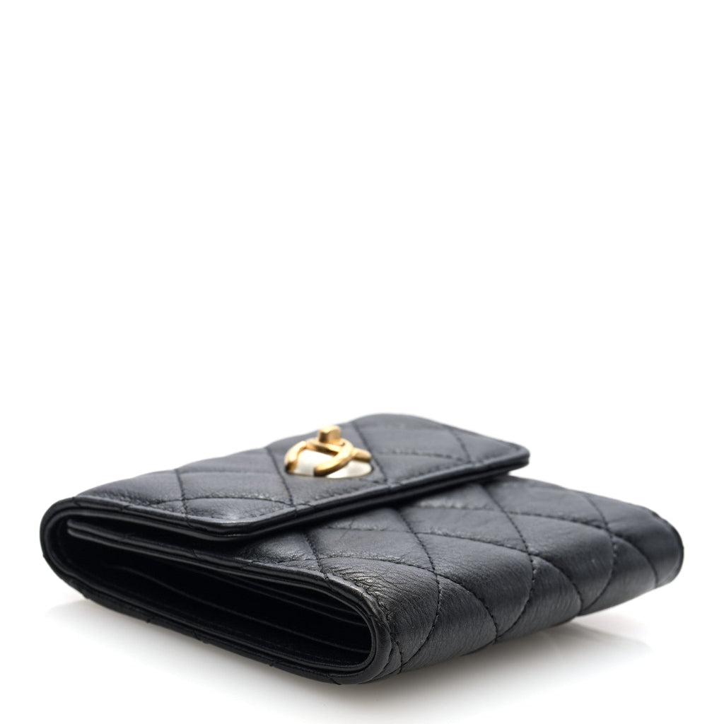 Calfskin Quilted Pearl CC Medium Flap Wallet  Black