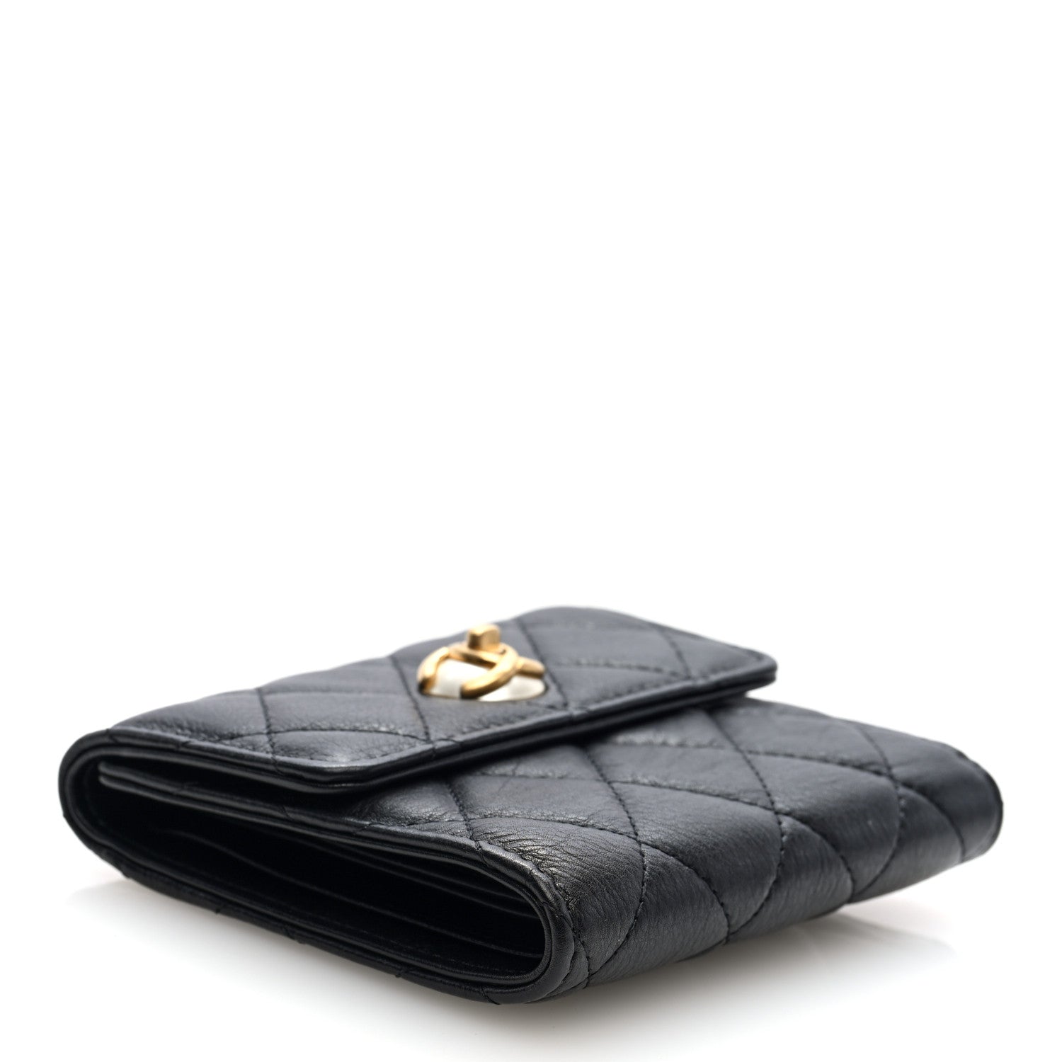 Calfskin Quilted Pearl CC Medium Flap Wallet  Black