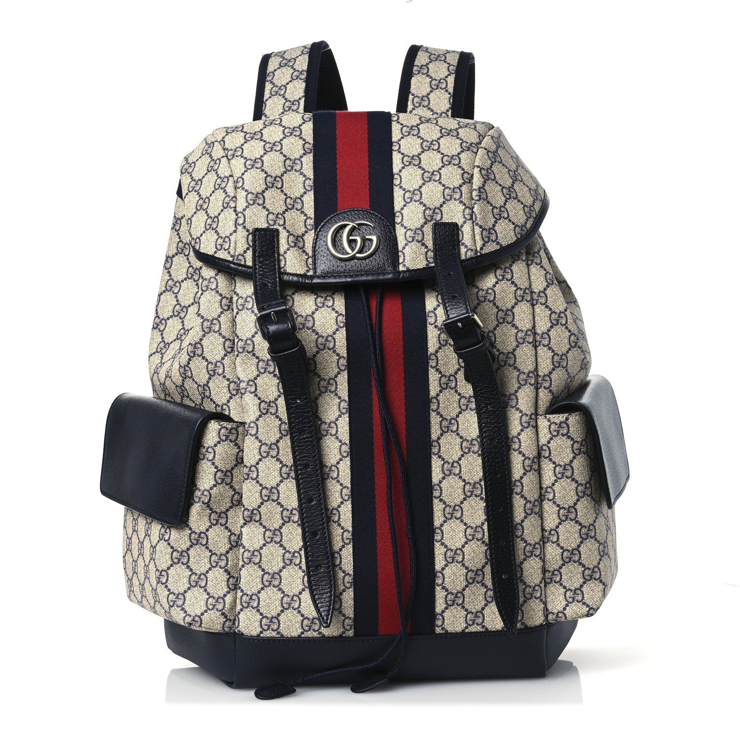 GG Supreme Monogram Medium Ophidia Double Buckle Backpack Beige Blue Black