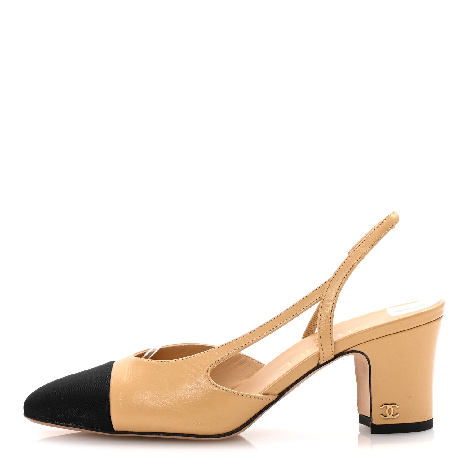Goatskin Grosgrain Cap Toe CC Slingback Pumps 37 Beige Black