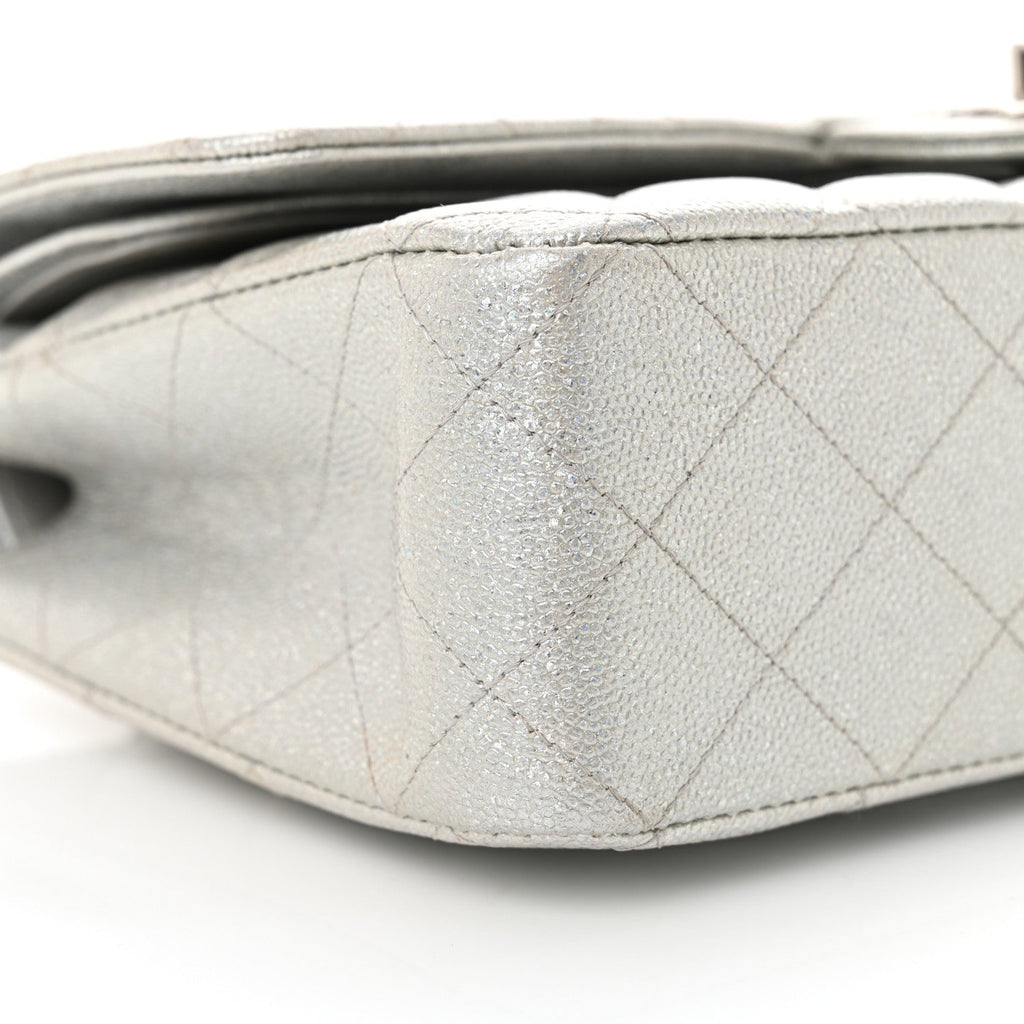 Glittered Metallic Caviar Quilted Medium Double Flap Silver