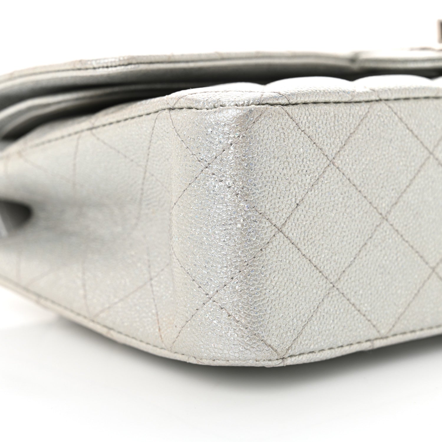 Glittered Metallic Caviar Quilted Medium Double Flap Silver