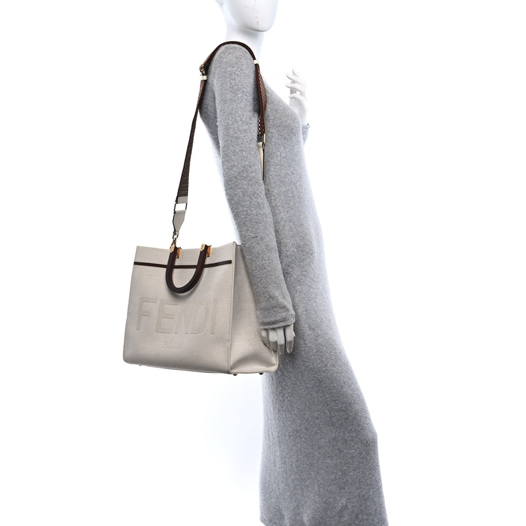 Canvas Vitello King Logo Embroidered Medium Fendi Sunshine Shopper Tote Grezzo Ghianda
