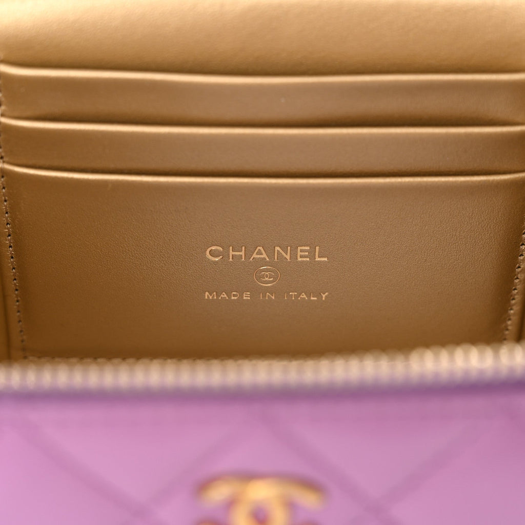 Lambskin Quilted Pearl Crush Small Vanity Case With Chain Purple