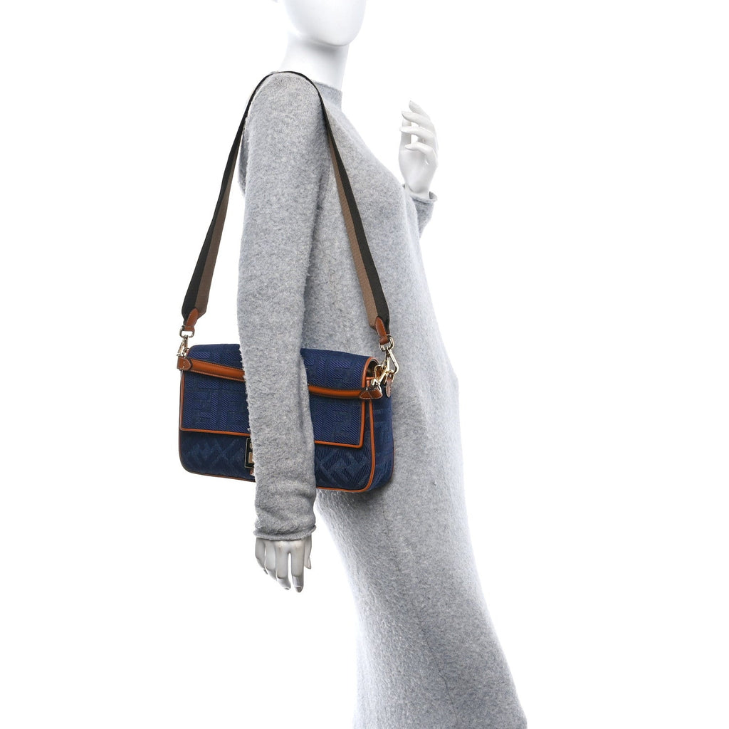 Denim Vitello King FF Embroidered Large Baguette Blue Cuoio
