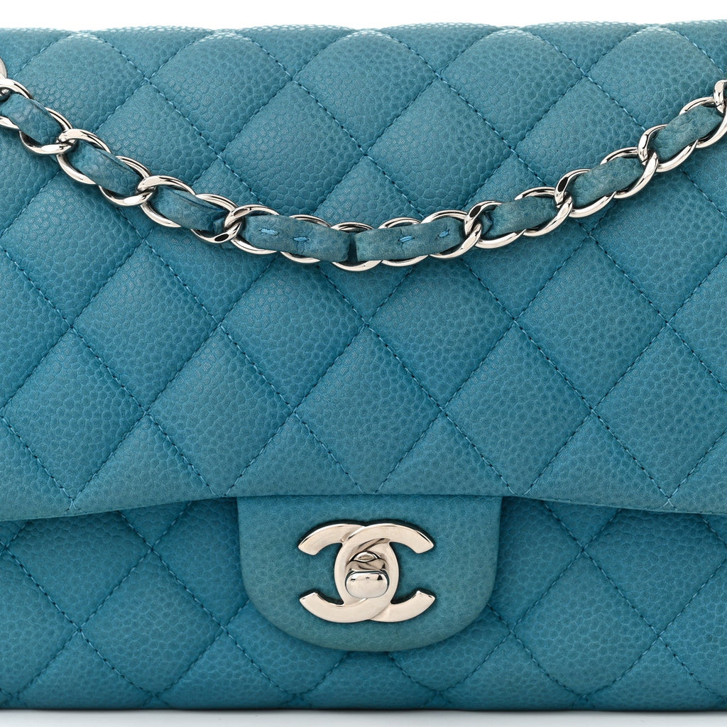 Iridescent Caviar Quilted Medium Double Flap Blue