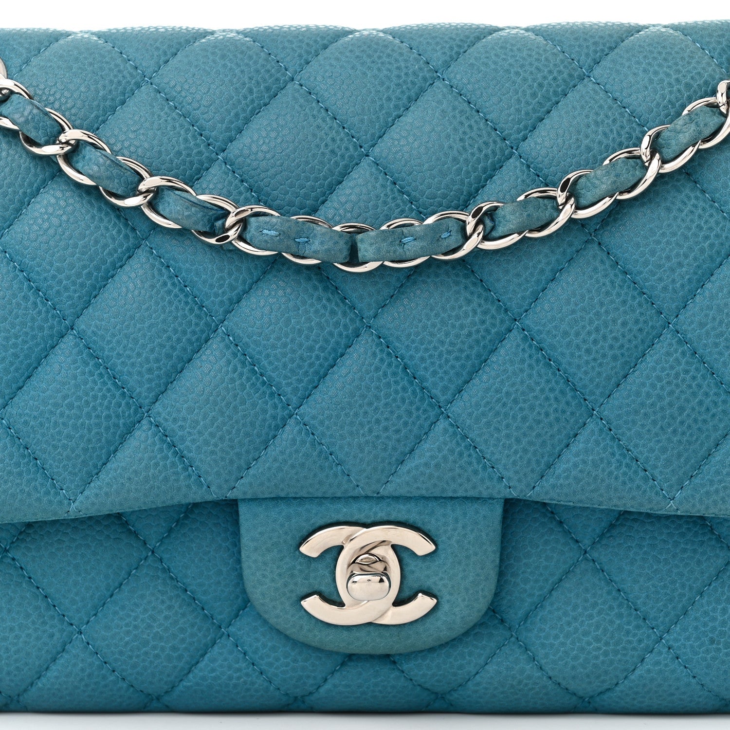Iridescent Caviar Quilted Medium Double Flap Blue