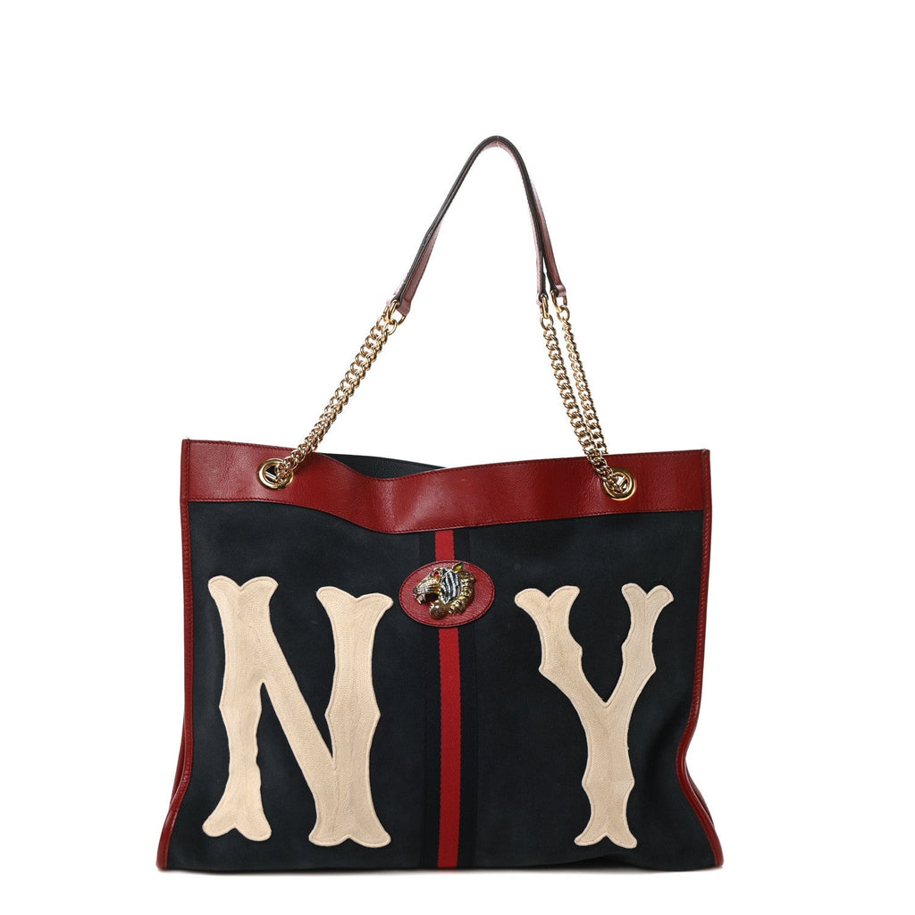 X MLB Suede Calfskin NY Yankees Large Rajah Chain Tote New Blue Romantic Cherry