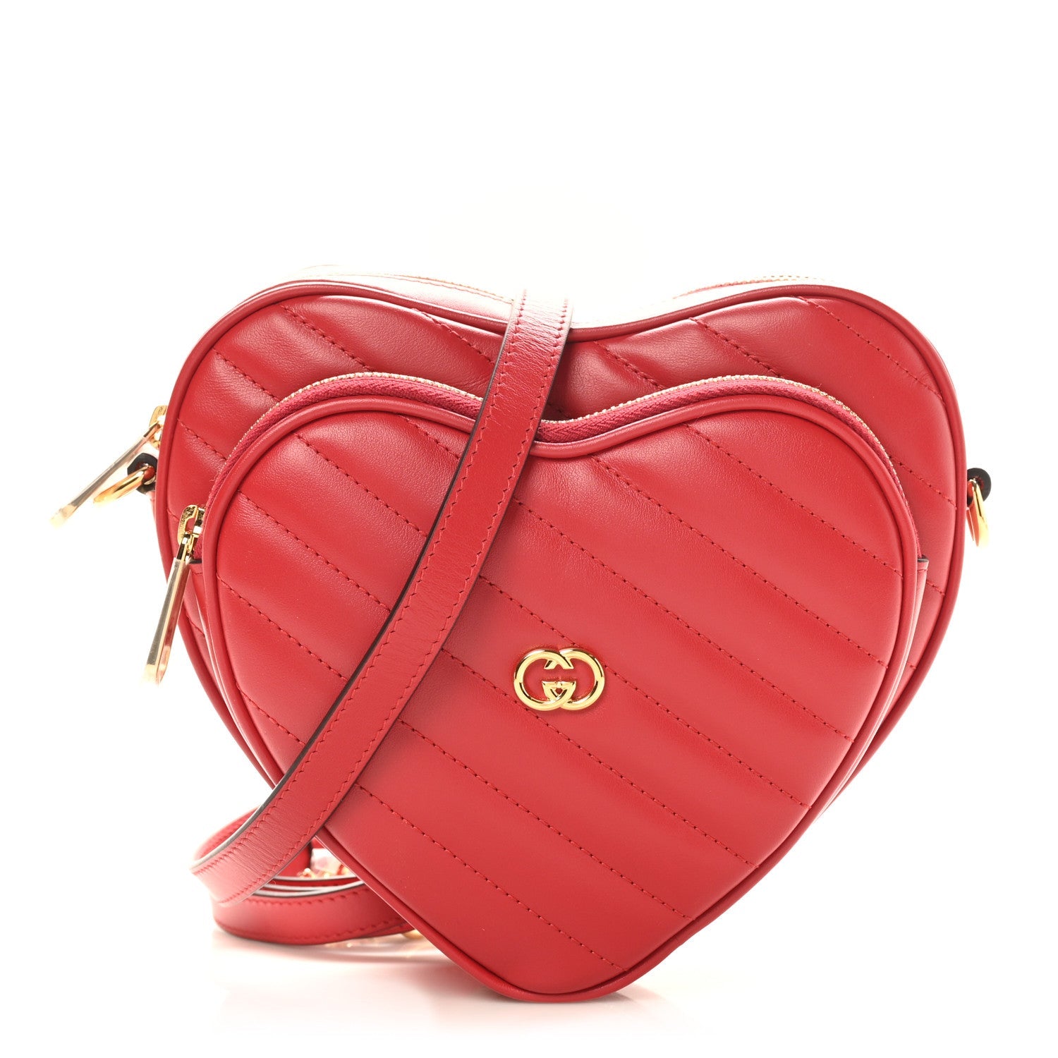 Calfskin Matelasse Diagonal Mini Interlocking G Heart Shoulder Bag Hibiscus Red