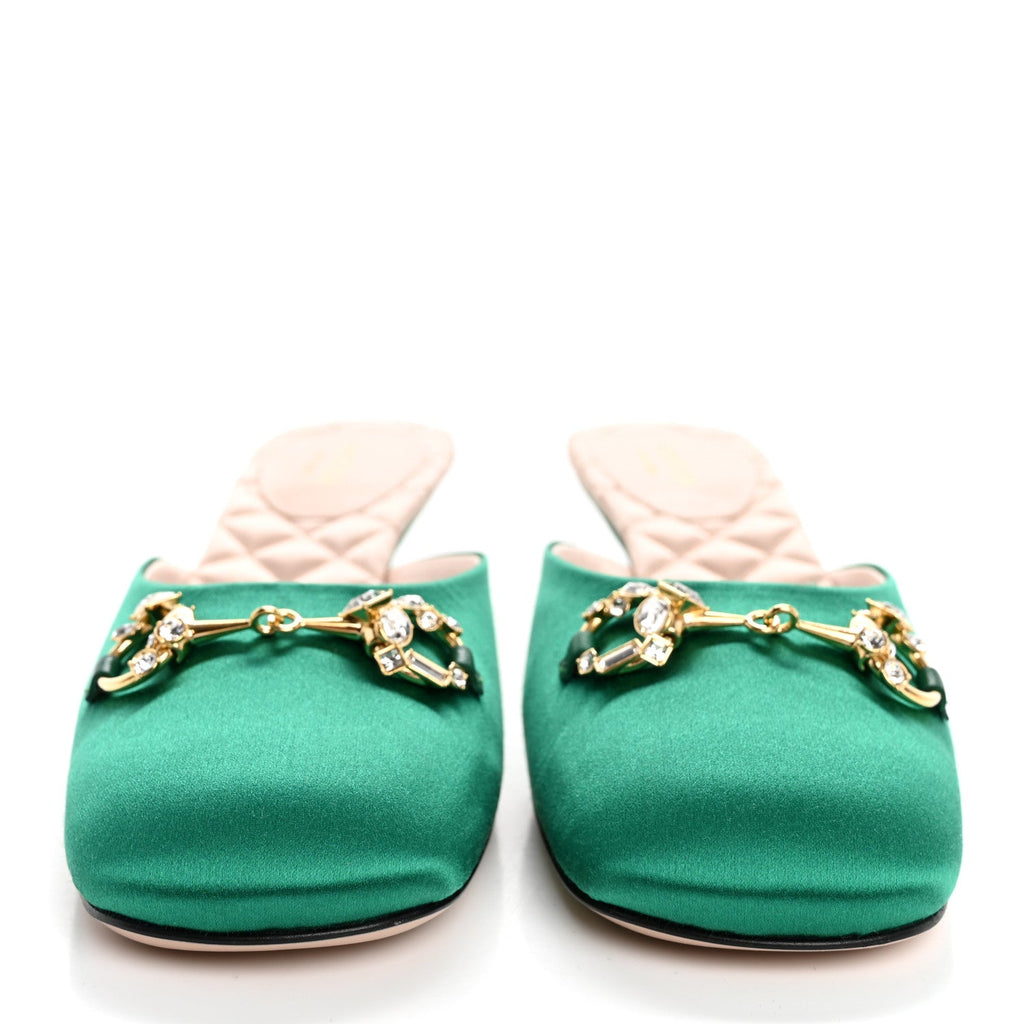 Silk Satin Crystal Embellished Horsebit Mules 36 Shamarock Emerald
