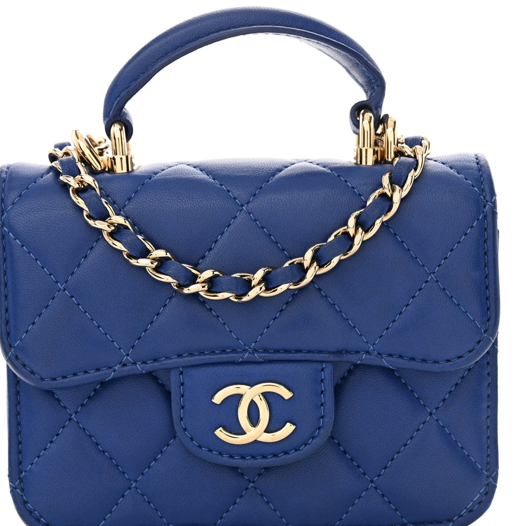 Lambskin Quilted Top Handle Flap Coin Purse With Chain Blue