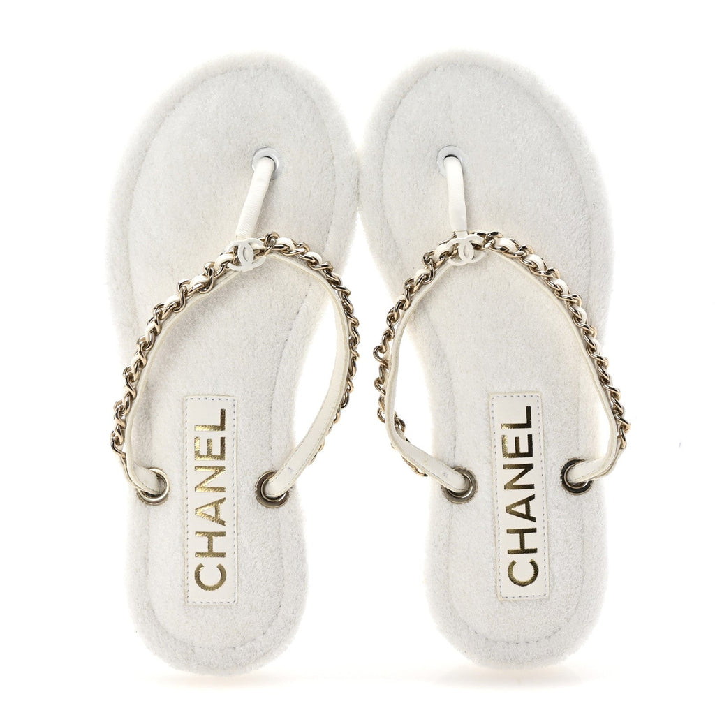 Lambskin Terry Cloth CC Chain Thong Sandals 36 White