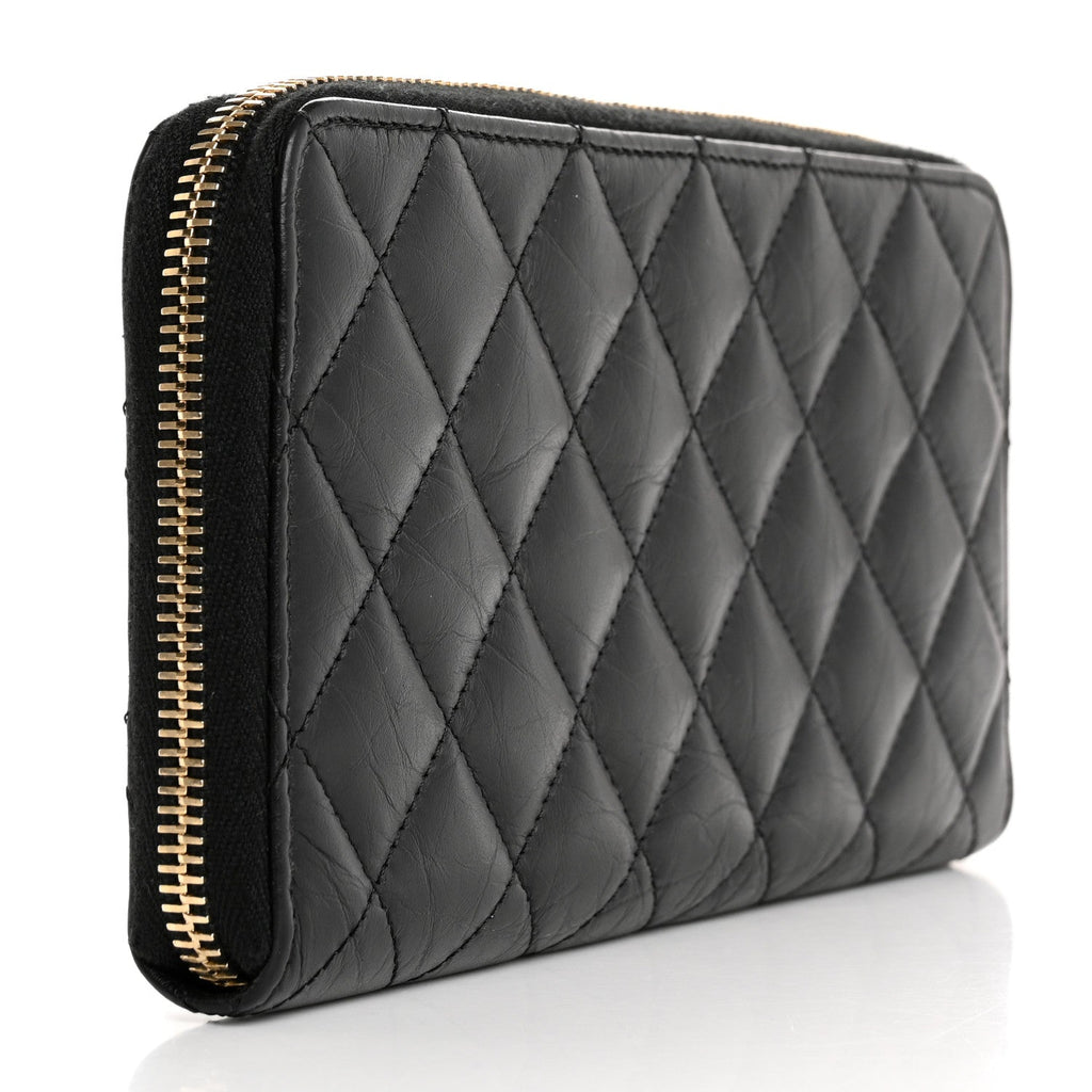 Aged Calfskin Quilted Reissue Large Gusset Zip Around Wallet Black