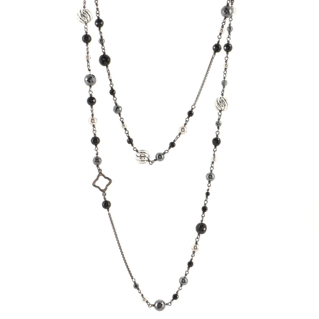 Elements Beaded Long Necklace Sterling Silver with Onyx and Hematite