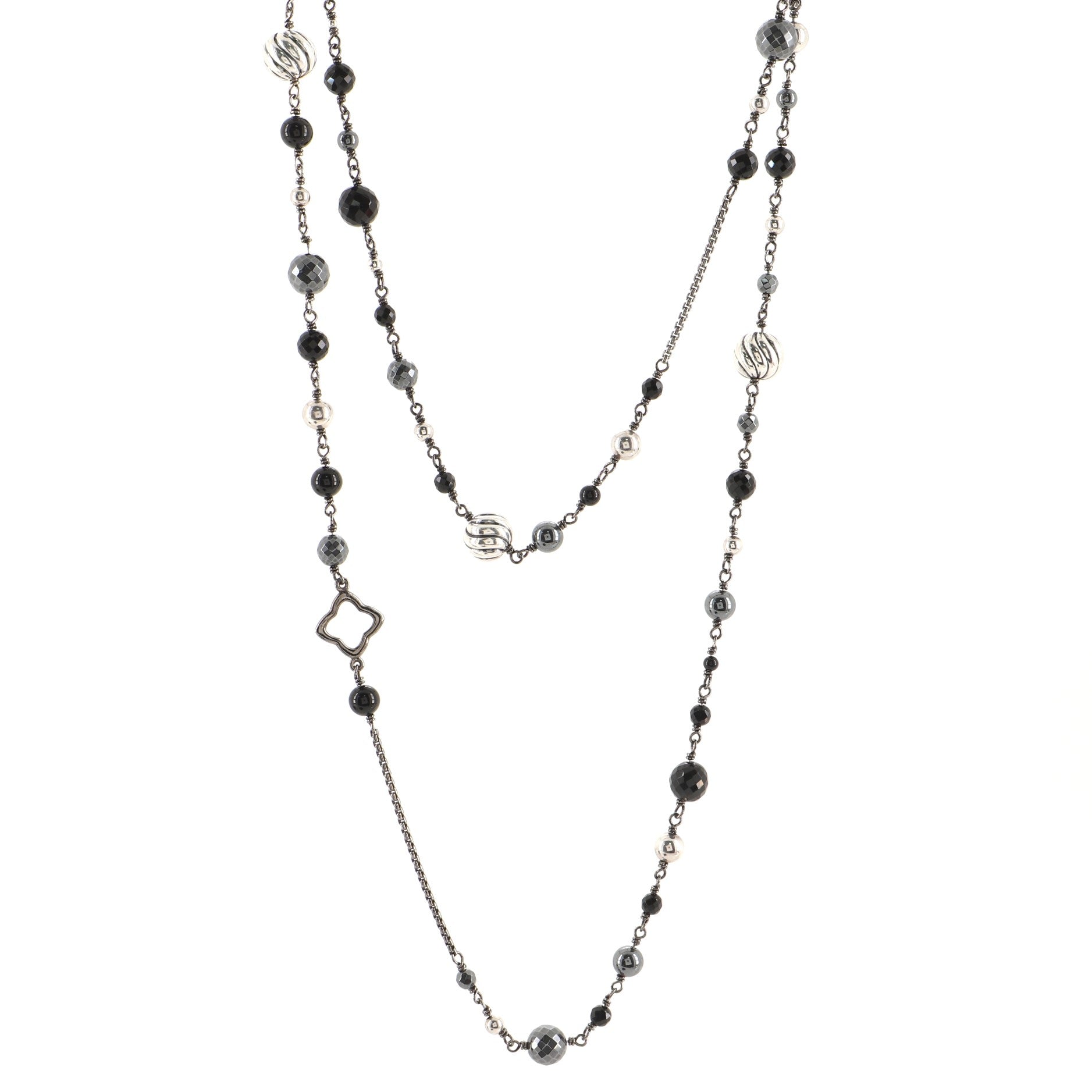 Elements Beaded Long Necklace Sterling Silver with Onyx and Hematite