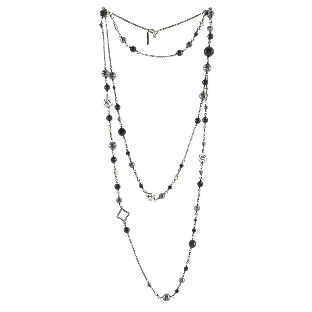 Elements Beaded Long Necklace Sterling Silver with Onyx and Hematite