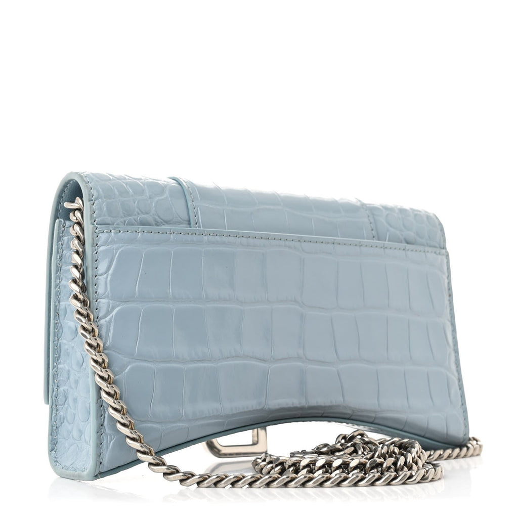 Shiny Calfskin Crocodile Embossed Hourglass Chain Bag Blue Grey