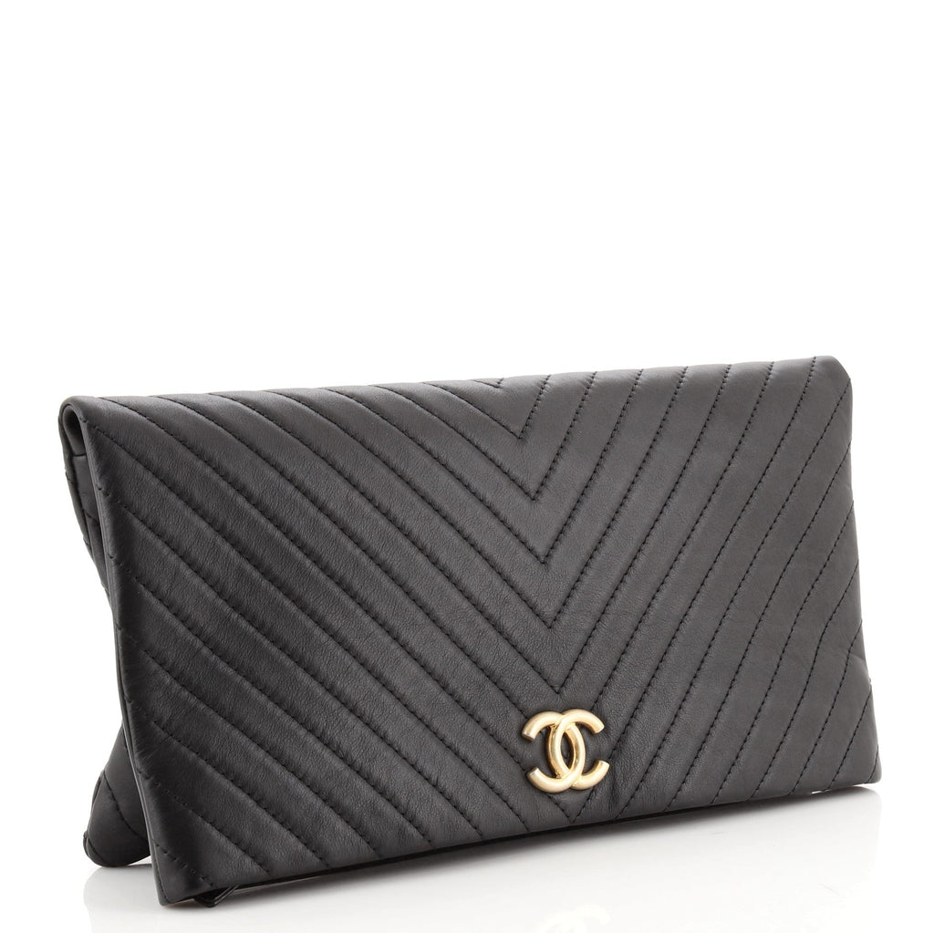 CC Foldover Clutch Chevron Lambskin Large
