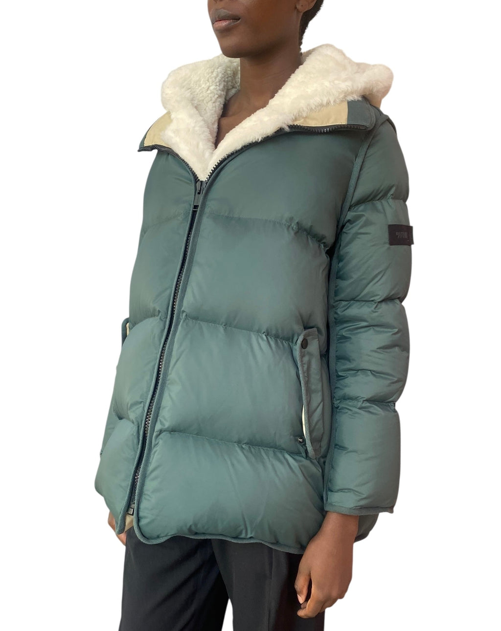Yves Salomon Army Green & Beige Shearling Down Puffer Coat - 38 / US 6