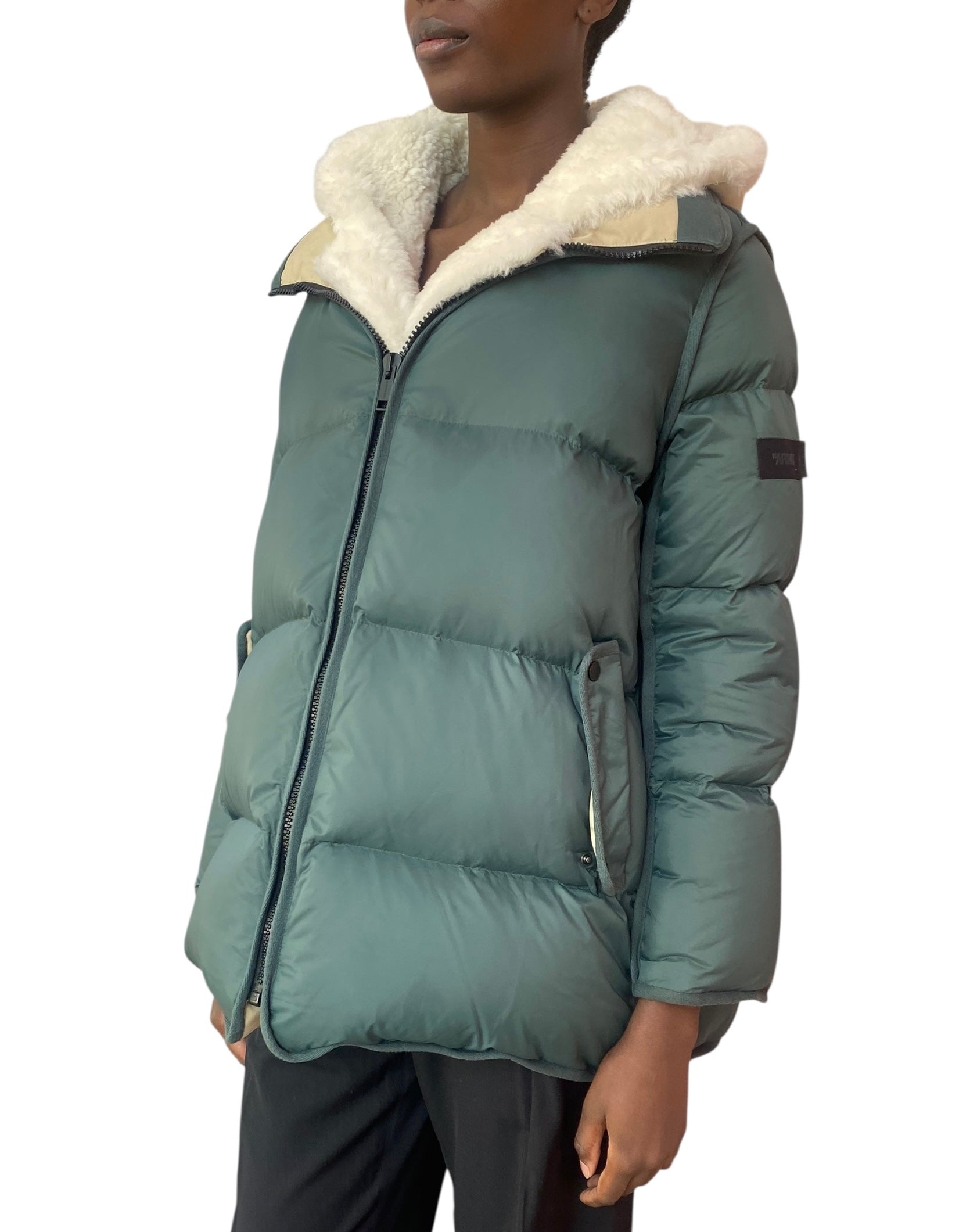 Yves Salomon Army Green & Beige Shearling Down Puffer Coat - 38 / US 6