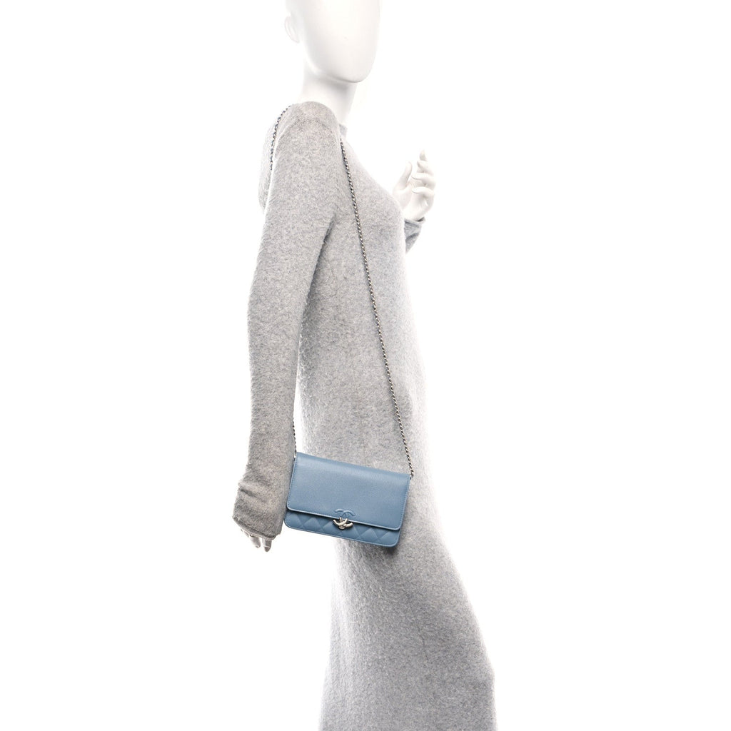 Grained Calfskin Quilted CC Box Wallet On Chain WOC Blue