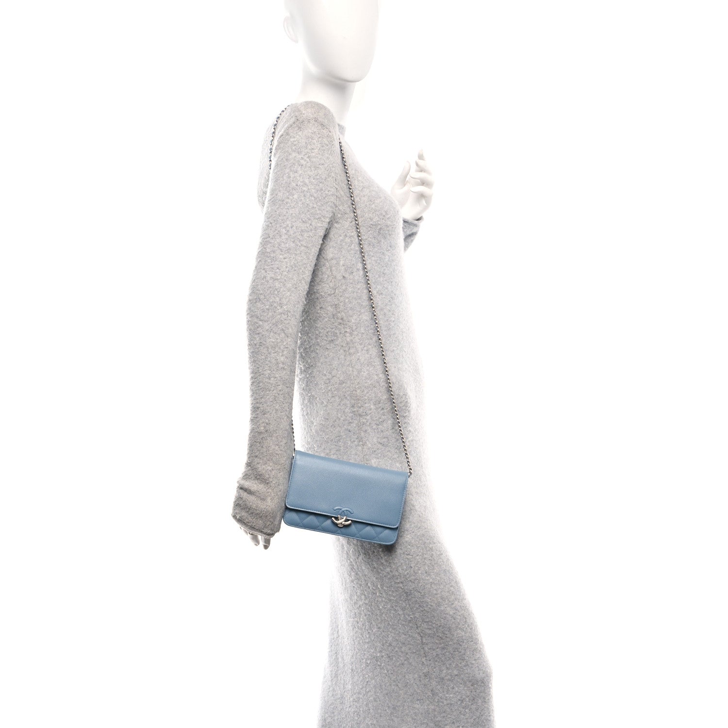 Grained Calfskin Quilted CC Box Wallet On Chain WOC Blue